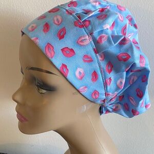 Blue and Pink Lip Print scrub cap hat bouffant style